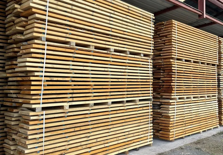 Piles de sciages de hêtre stockées sous un bâtiment ventilé